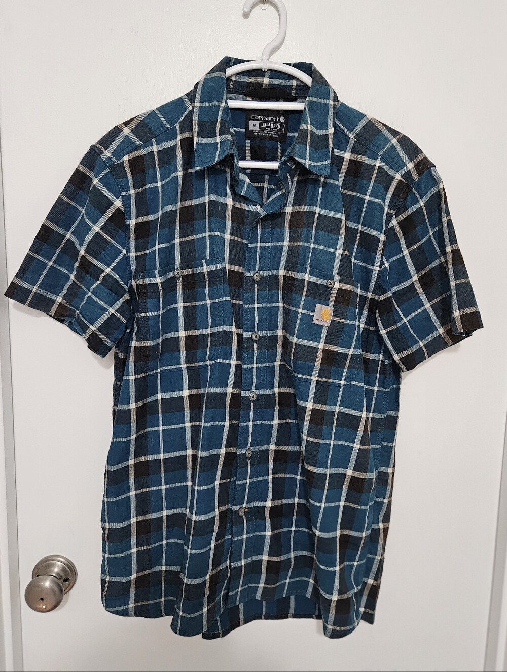 Carhartt Rugged Flex Relaxed Fit Teal Black Plaid Short-Sleeve Button-Up Shirt M